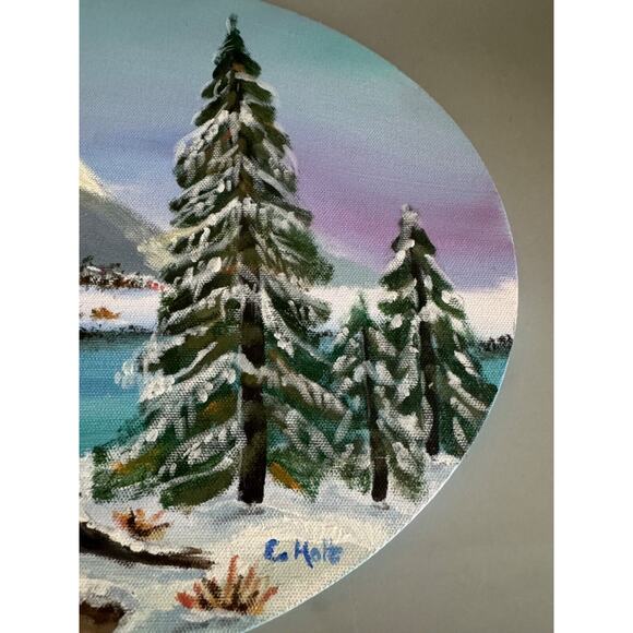 Vintage Original Painting Winter Scene Landscape Oval Unframed 14x11 Snow, Lake - Picture 2 of 6